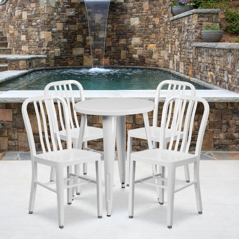 Scotia 24'' Round Metal Indoor-Outdoor Table Set with 4 Vertical Slat Back Chairs, White