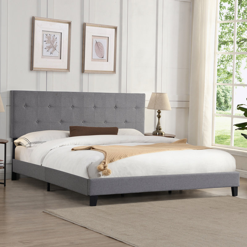Upholstered Platform Bed Frame with Linen Fabric Headboard, No Box Spring Needed, Wood Slat Support, Easy Assembly