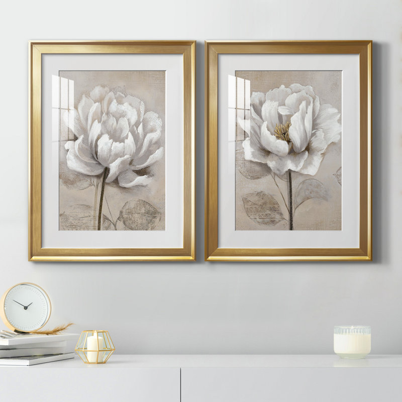 "Soft White I", ensemble de 2 reproductions d'art, H 26,5 po x l 73 po, Impression encadrée avec passe-partout, Gold