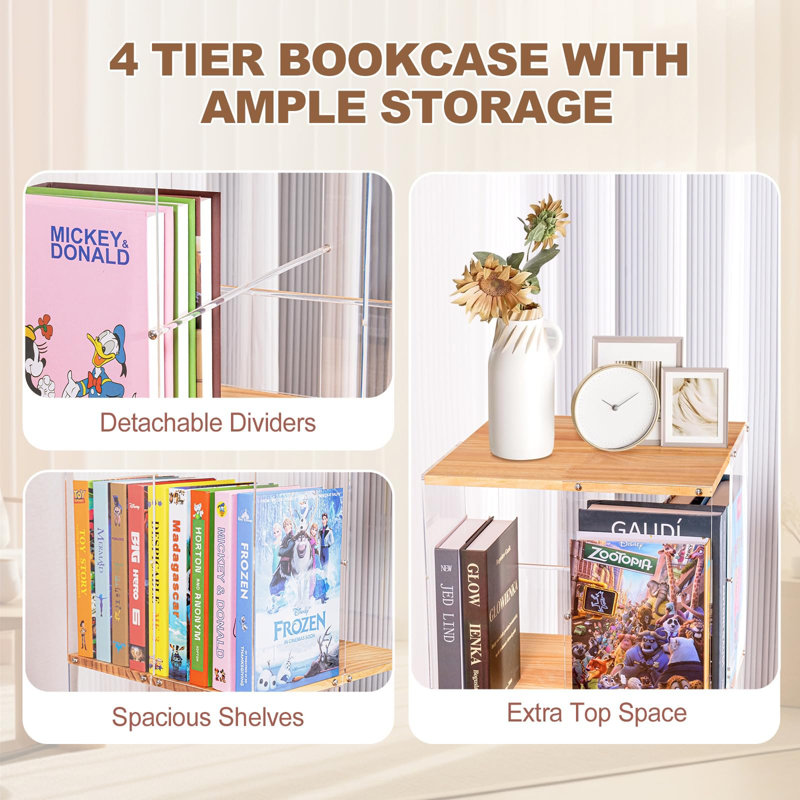 Rotating Bookshelf, 360 Degree Revolving Bookcase, 4-Tier Spinning Bookshelf, Clear Acrylic & Solid Wood Rotating Bookcase For Kid’s Playroom, Bedroom And Living Room, Square