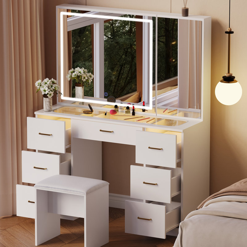 Vanity Desk with Mirror and Lights,Makeup Vanity Table with Glass Top and 7 Drawers&Cushioned Stool,Dressing Table with Drawers, Bedroom Makeup Desk for Women (White-Glass top)