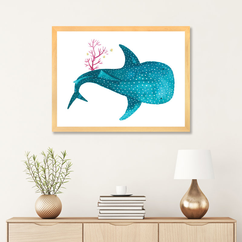 " Whale Shark With Coral ", 24" H x 32" W x 1" D, Beige Framed Paper, White