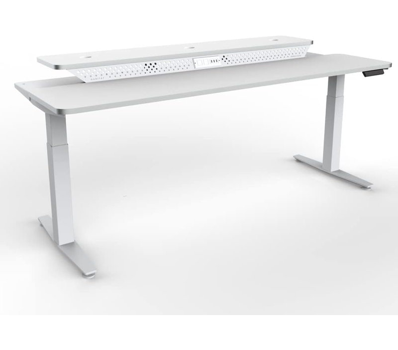 Bureau debout électrique PowerLift, réglable en hauteur avec bureau à deux niveaux, prises USB et prises de courant, Blanc
