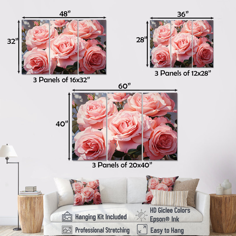 Minimalisme «Pink Roses Dream» - ensemble d'art mural Roses, Toile tendue, H 40 po x l 60 po x P 1 po
