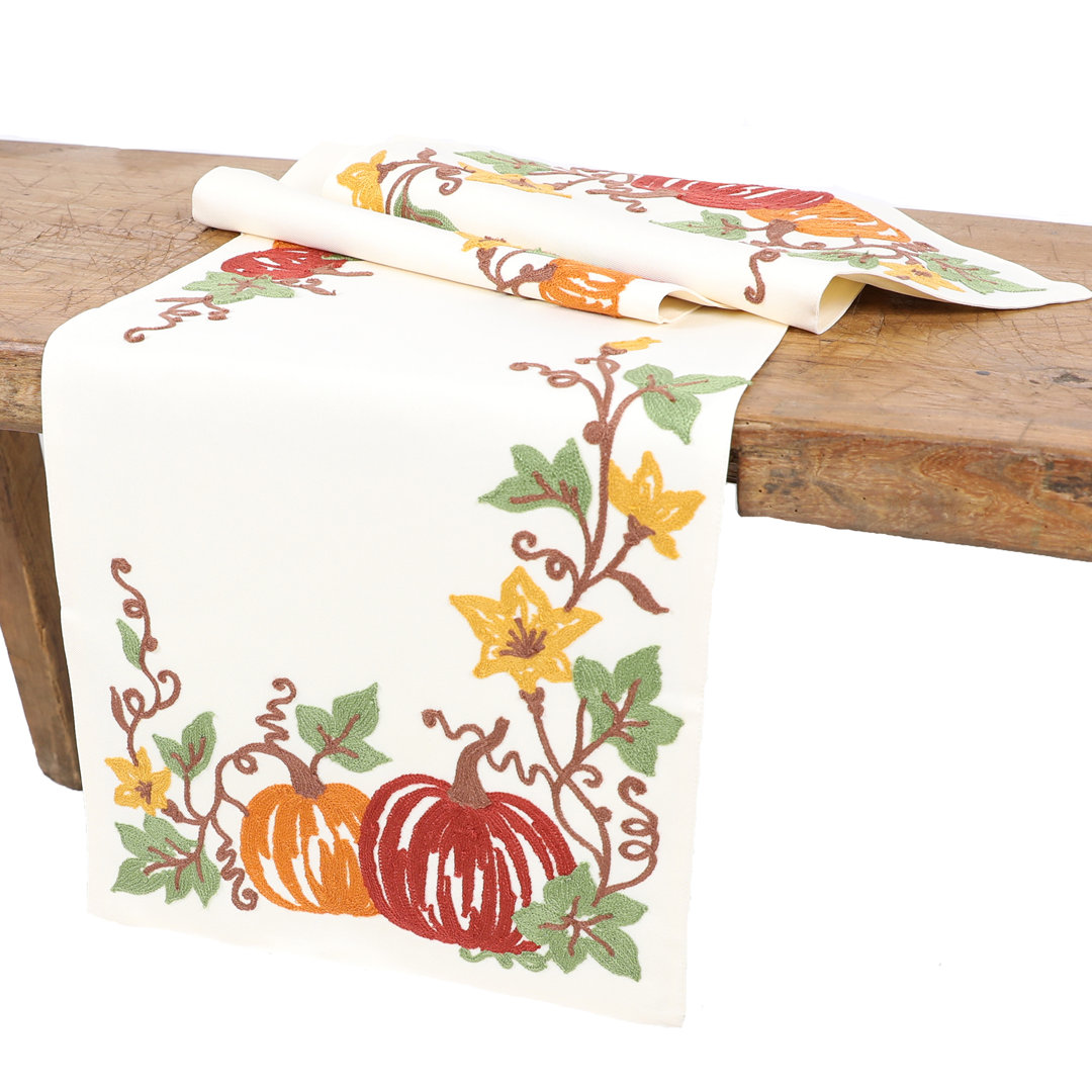 Tryon Happy Fall Pumpkins Crewel Embroidered Table Runner August Grove® 