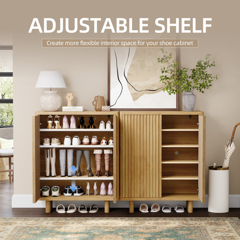 31.6" Yellow Rustic Shoe Storage Cabinet with Fluted Panel Door Entryway Organizer Bench Multifunctional Shoe Rack for Hallway & Foyer