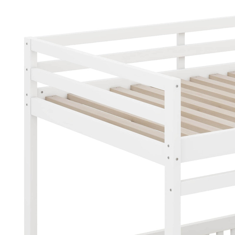 Full Over Full Wood Bunk Bed, Low Bunk Bedwith Ladder And Guardrails, Wooden Bunk Bed, White