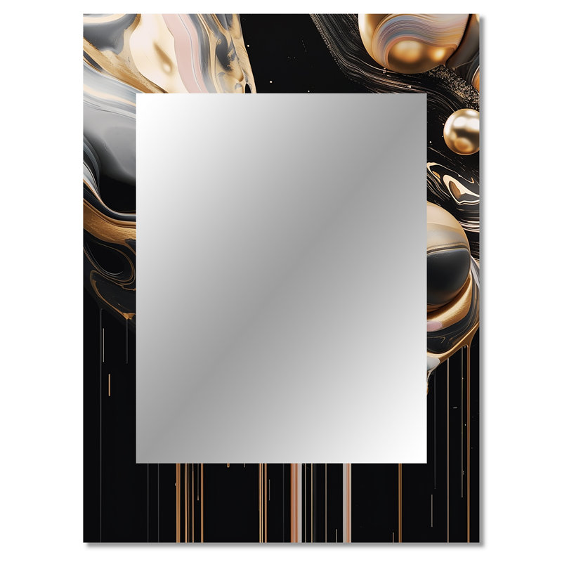 Gold And Black Marble Mirage V - Marble Decorative Mirror, Modern Wall Mirror, Printed Metal Art, 40" x 30"