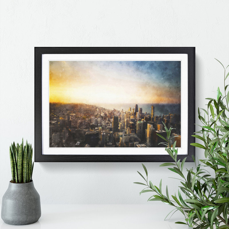 High over the Chicago Skyline - Picture Frame Painting Print, 62cm H x 87cm W x 2cm D, Black Framed