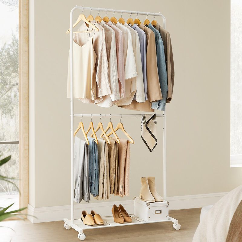 Portant à vêtements avec roulettes, support à vêtements à double tringle, support à vêtements avec tablette de rangement, 2 freins