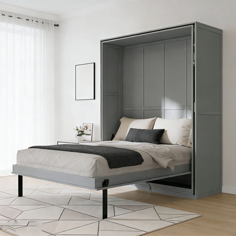 Grand lit escamotable avec tablettes de rangement rotatives, Gris