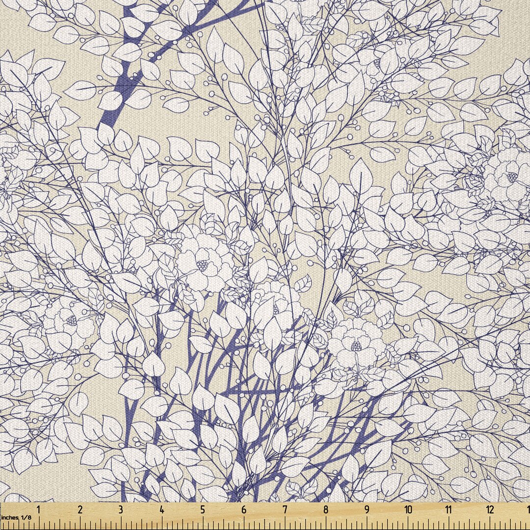 Stoff als Meterware, Antik Stil Pflanzen Muster, Blätter, Grau Weiß Indigo Creme