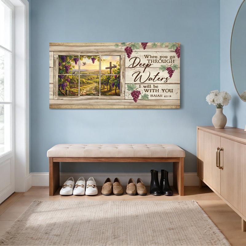 Tableau sur toile tendue représentant une croix et des raisins dans un vignoble, avec le verset d'Isaïe 43:2, pour la décoration intérieure