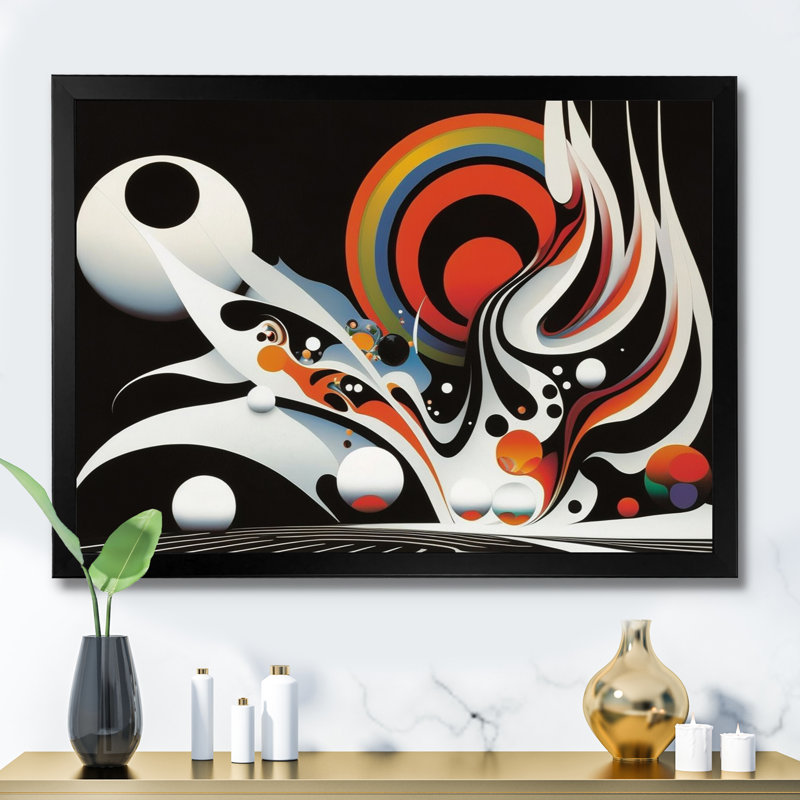 «Minimalist Colorful Spheres And Waves VI», art mural moderne sur toile géométrique, Cadre d'angle fermé noir