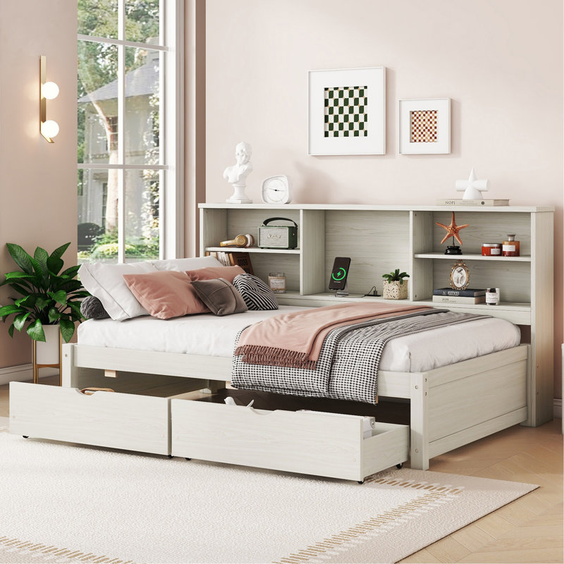 Twin Size Bed Frame With Side Bookshelves, Two Drawers, And Built-In USB Port For Creamy White Color, Creamy White