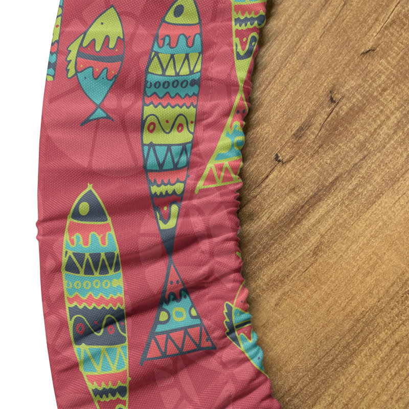 Bungalow Rose Fish Fitted Round Tablecloth Diameter Pale Ruby and Multicolor, 64.17" Round