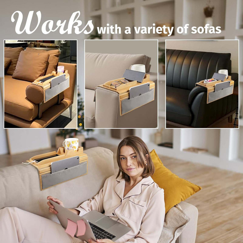 Couch Cup Holder Tray,4 In 1 Couch Arm Table With Side Storage Pocket,Couch Arm Tray Anti-Slip, Bamboo Couch Table For Drinks, Snacks, Cup, Remote And Phone For Most Armrests On Couches