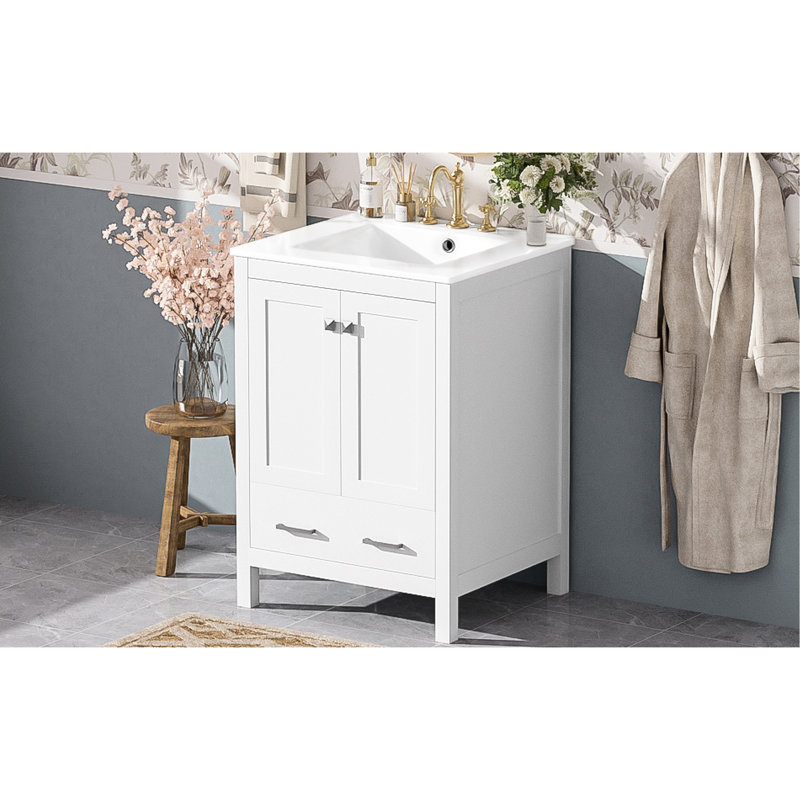 Meuble-lavabo de 24 pouces avec lavabo encastré intégré, deux portes, un tiroir, une étagère de porte à double couche, un design à fermeture en douceur et des instructions détaillées pour l'assemblage facile.
