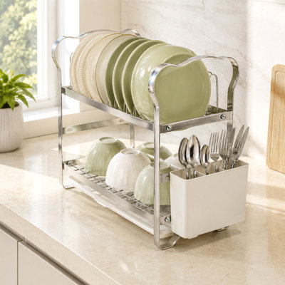 2-tier stainless steel dish drying rack, featuring a robust metal wire frame for storing plates and bowls