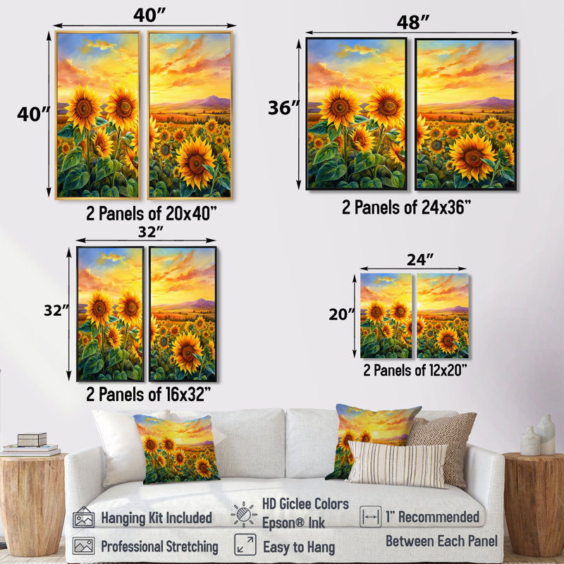Sunflowers Burning Sunset - impressions d'art traditionnelles sur toile, H 32 po x l 32 po, Noir