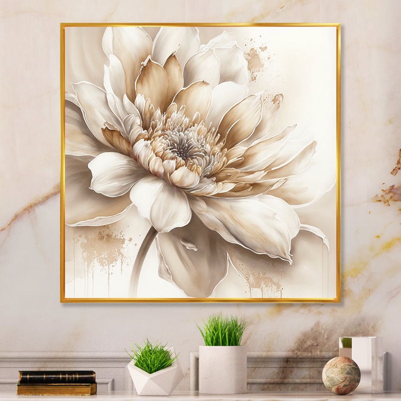 Simple fleur beige III - art mural floral, H 24 po x l 24 po x P 1 po, Cadre flottant doré
