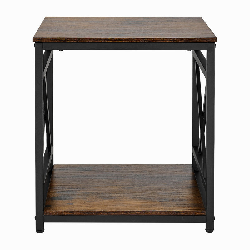 Table de bout, table d'appoint carrée à 2 niveaux avec tablettes de rangement ouvertes, table de chevet moderne avec structure en X en métal, canapé-lit en bois pour salon, chambre à coucher, bureau, dortoir, brun