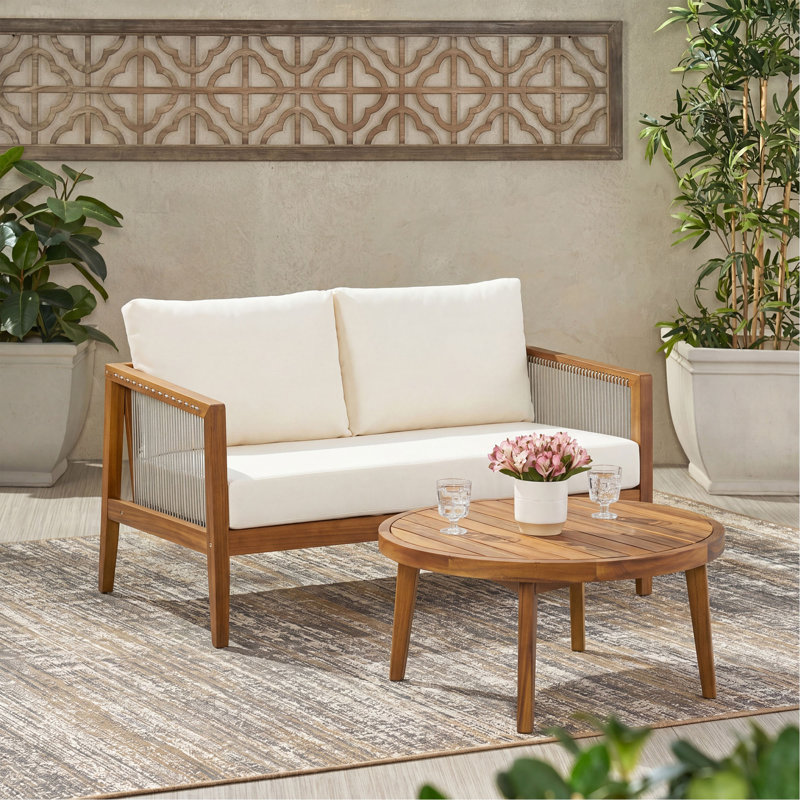 Ensemble de causeuse et de table basse d'extérieur, structure en bois d'acacia avec détails en corde, coussins hydrofuges pour patio / cour arrière / terrasse