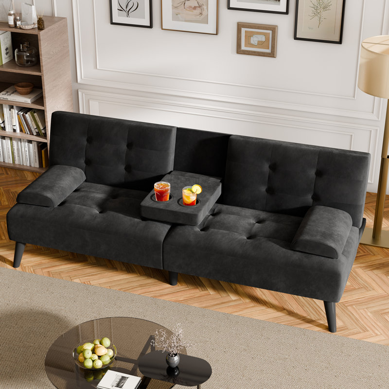 Adjustable Loveseat Sleeper With Retractable Cup Holders, Black