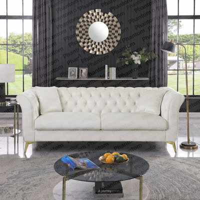 Canapé Chesterfield, canapé Stanford, canapé Chesterfield de haute qualité, BEIGE, canapé en tissu touffeté et froissé; canapé Stanford contemporain. Canapé capitonné avec accoudoirs et dossier à volutes