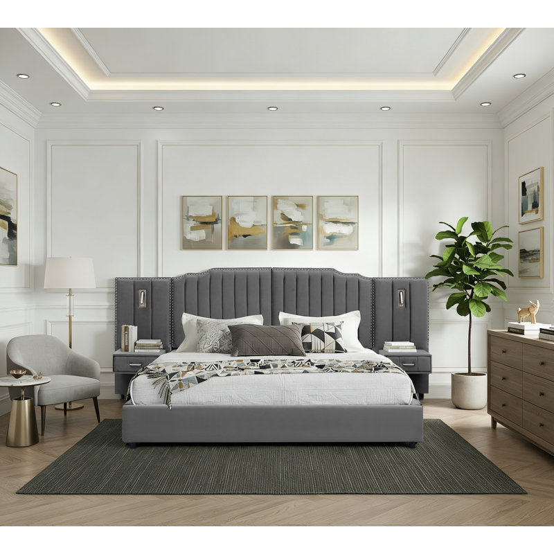 Structure de lit en velours avec tête de lit et tiroir, lit plateforme moderne avec lampes de lecture, gris, très grand, Gris
