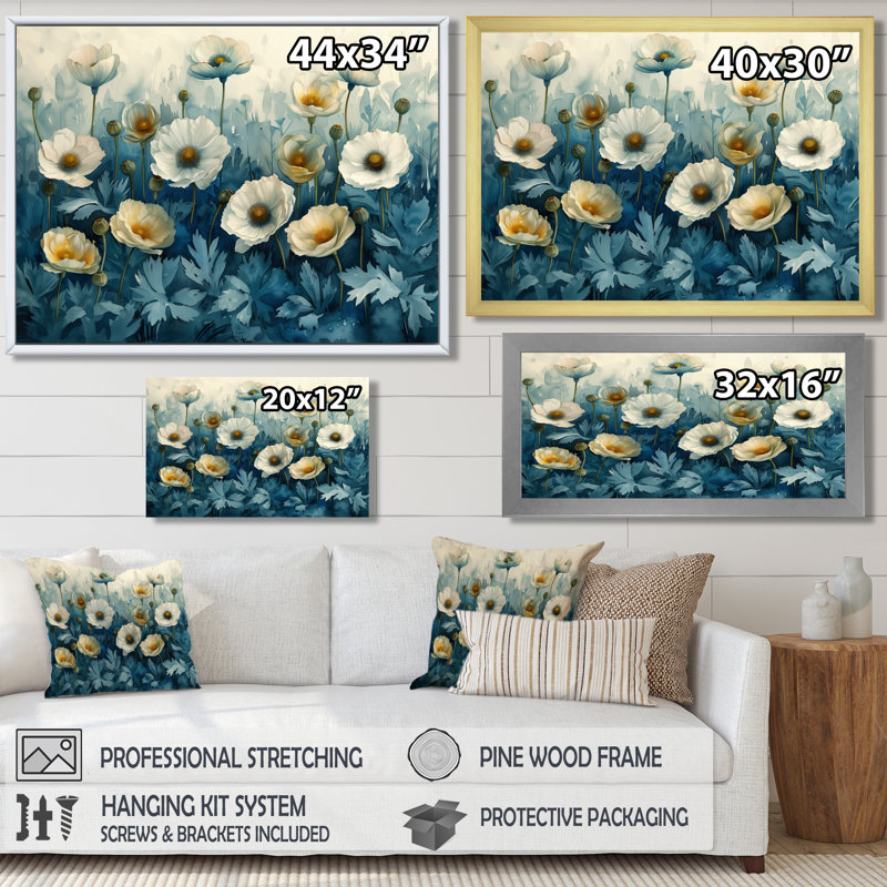 Blanc, bleu, jardin, fête, coquelicots - coquelicots, art mural, Toile encadrée noire simple, H 30 po x l 40 po x P 1,5 po