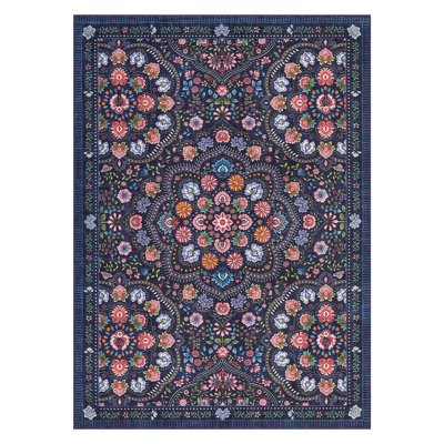 Floral 8x10 Washable Rug for Living Room Farmhouse Non Slip Area Rug for Bedroom Nursery Rugs for Dining Room Dark Blue