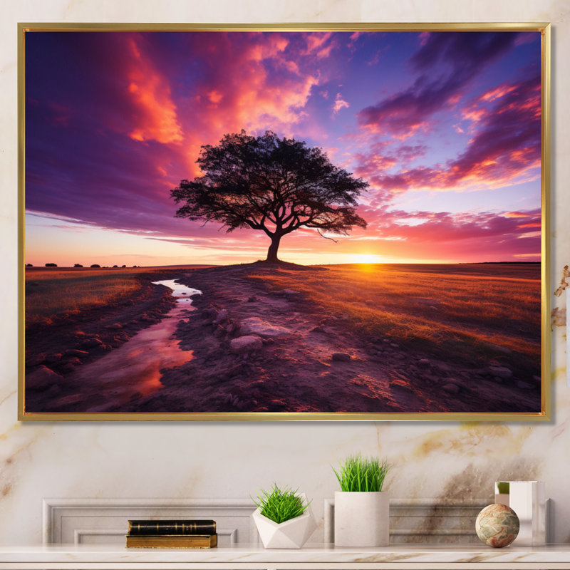 Coucher de soleil majestueux, Cadre flottant doré, H 16 po x l 32 po x P 1 po