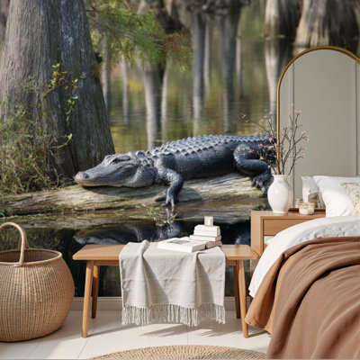Papier peint adhésif alligator, marais au repos, marais, photos murales, H 69 po x l 96 po, amovible, papier mural en PVC, décoration murale auto-adhésive pour chambre à coucher, bureau à domicile