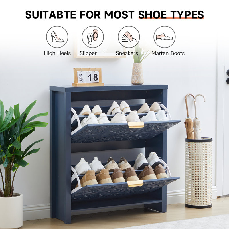 16 Pair Shoe Storage Cabinet With 2 Flip Drawers, Blue
