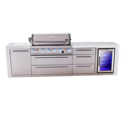 Mont Alpi Premium 119"W x 23"D x 46"H Deluxe Stainless Steel Modular Outdoor Kitchen Island with Refrigerator + 44"W 6-Burner BBQ Gas Grill + Side Burner + White Granite Countertops + Storage Drawers + Cover + Natural Gas Convertible + Lifetime Warranty