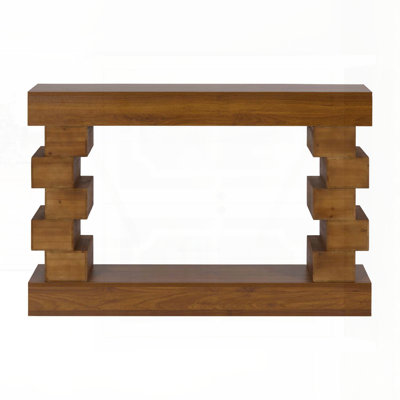 Geometric Block Stacked Wood Console Table – Warm Natural Finish