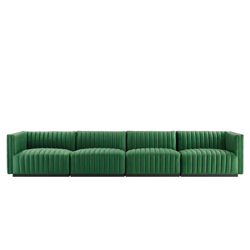 Conjure Channel Tufted Sofa by Modway, Black, Emerald Velvet, 28" H x 155" W x 36.5" D