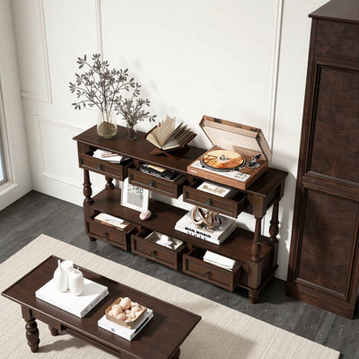 Elegant Solid Wood Console Table with 6 Drawers & Shelf - Vintage 2-Tier Foyer Table for Living Room, Hallway & Entrance (Espresso)