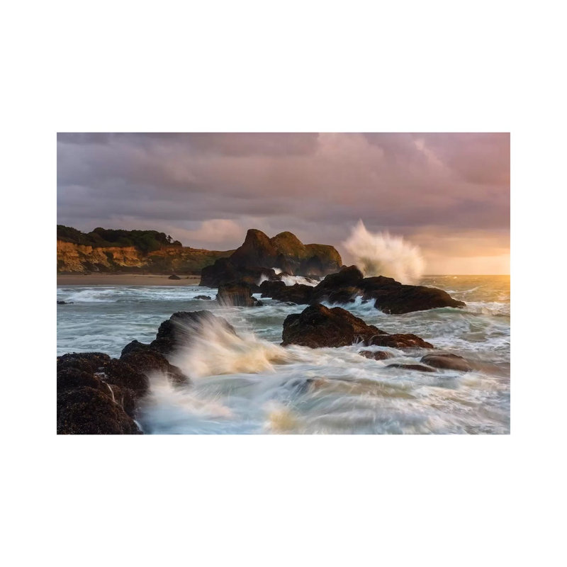 Large Waves Crashing Against The Sea Stacks Along The Beach Of Seal Rock by Sheila Haddad - Wrapped Canvas Print