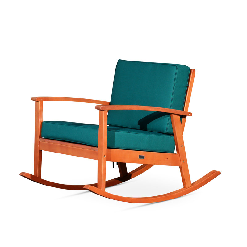 Chaise berçante en eucalyptus avec coussins foncés, idéale pour le confort de l'extérieur, Vert, Naturel