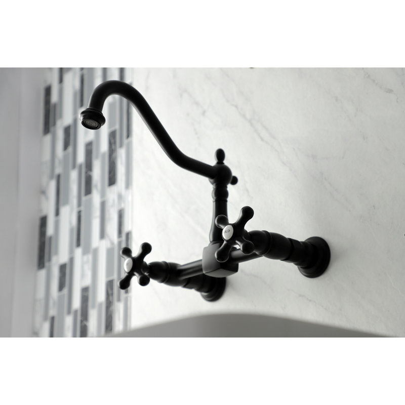 Kingston Brass Heritage Double-Handle 2-Hole Wall-Mount Bridge Kitchen Faucet, Matte Black