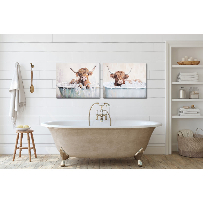 Ensemble d'art mural sur toile Highland Cow Bath