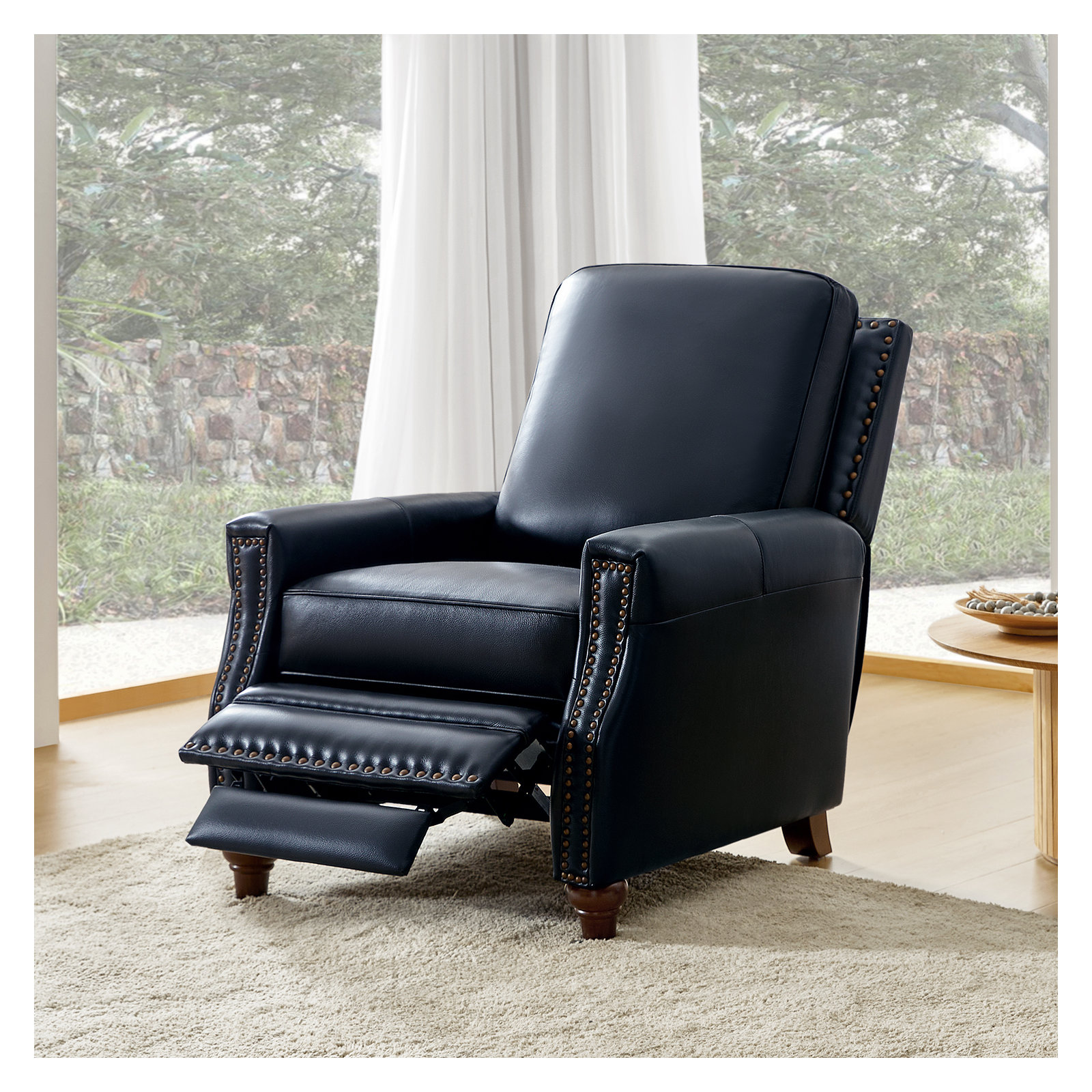 Andrena Genuine Leather Recliner with Nailhead Trim, Genuine Leather Navy