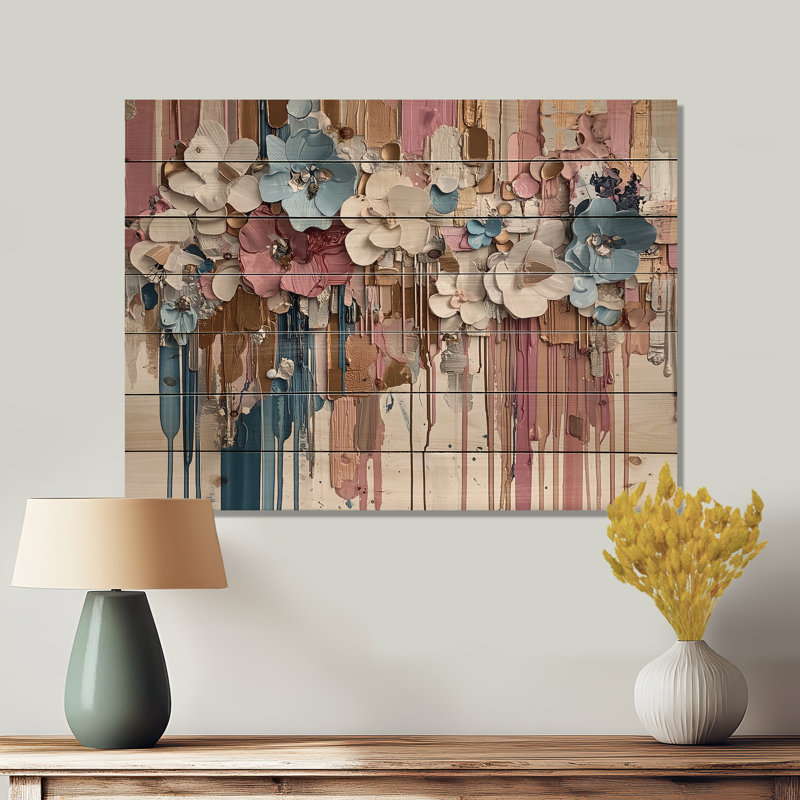 Encre liquide rythmique «II» - Décoration murale en bois floral - sur bois de pin naturel, H 30 po x l 40 po x P 0,78 po