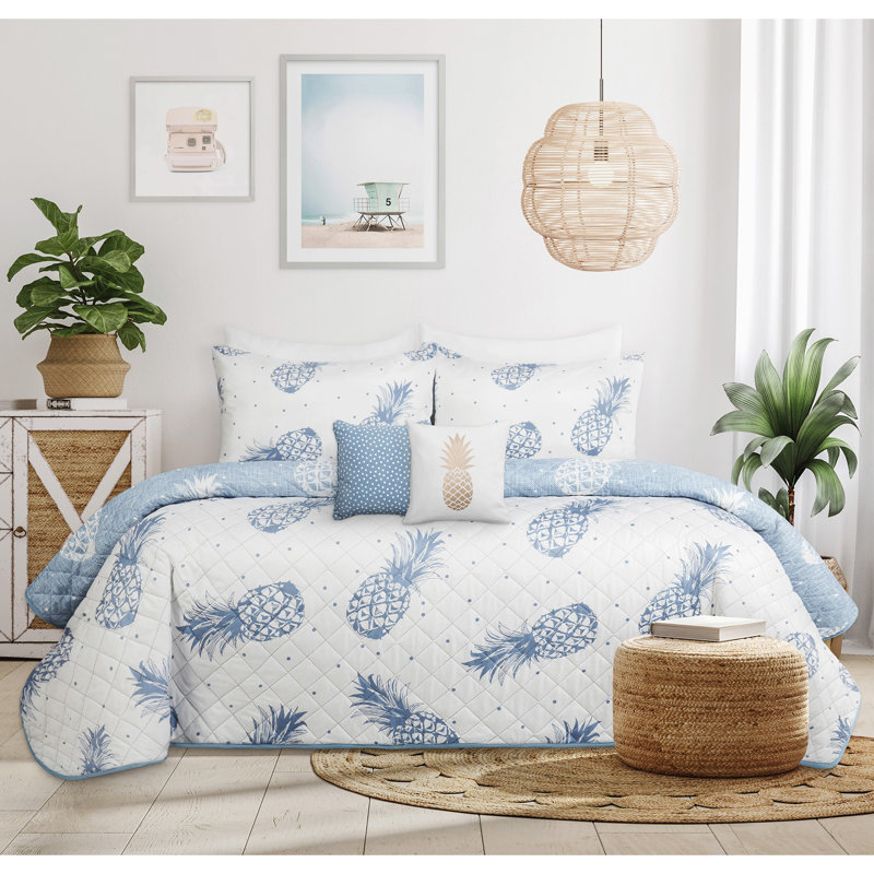 Blue Pineapple Print Microfiber Full Quilt Set