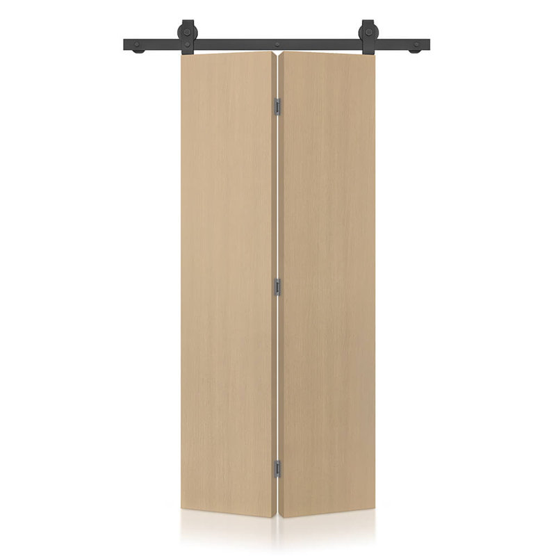 Hollow Core Oak Composite Texture Bi-Fold Door with Sliding Barn Door Hardware Kit, 26" x 90"
