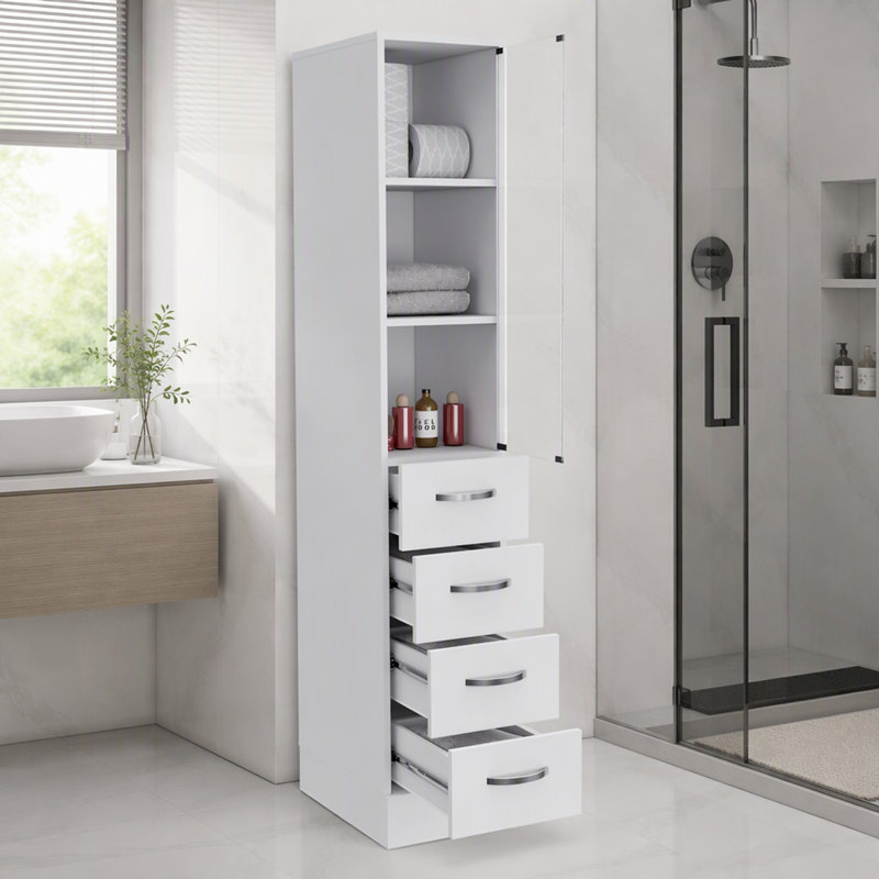 Armoire à linge avec porte en verre, trois tablettes et trois tiroirs