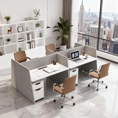 Modern 4 Person Office Cubicle Workstation Desk, Acoustic Privacy Partition Panels with Built‑in Power Outlet, Grey Soundproof Divider Double‑Sided Computer Desk for Commercial Open Office Workspace