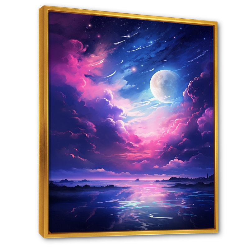 Lune en nuages mauves bleus, H 40 po x l 30 po x P 1,5 po, Cadre flottant doré